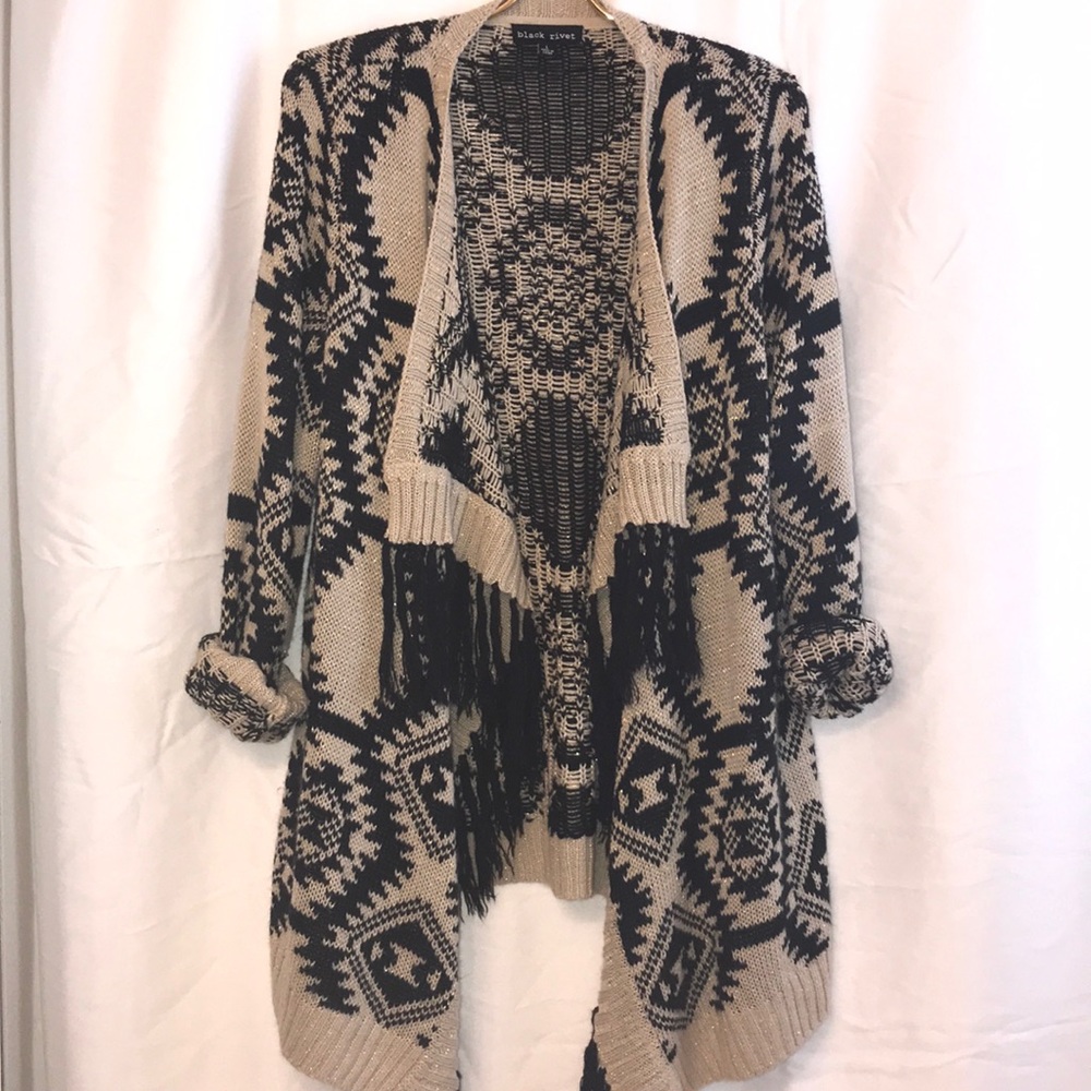 Tan and black tassel trimmed cardigan